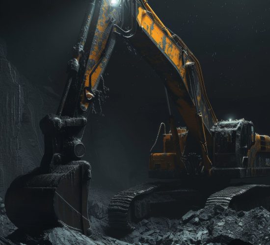 Illuminated excavator operating in the dark, with snowflakes gently falling around